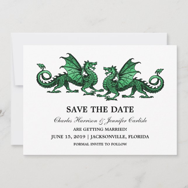 Green Elegant Dragons Save the Date Invite (Front)