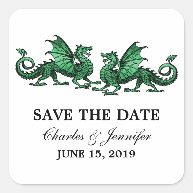 Green Elegant Dragons Save the Date Stickers (Front)
