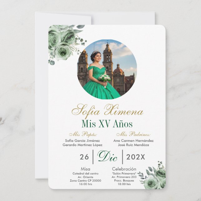 Green elegant dress Quinceañera Invitation (Front)