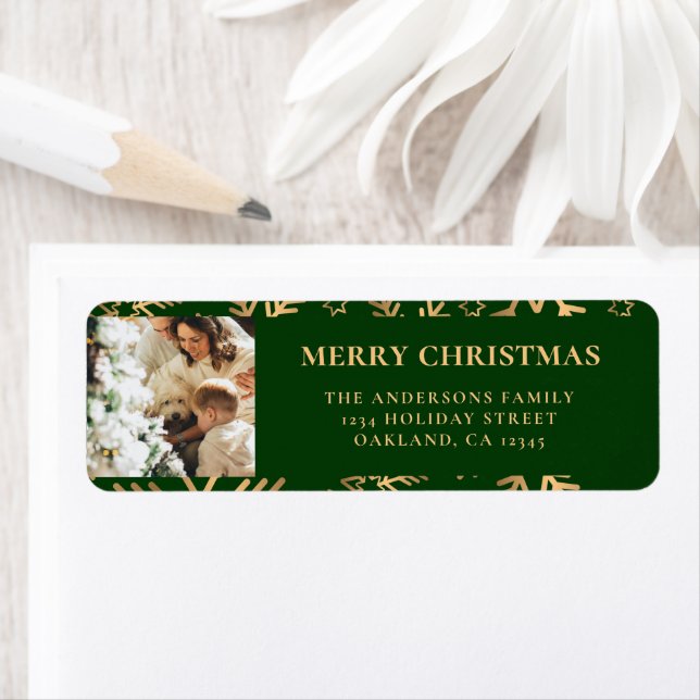 Green Elegant Family Photo Snowflakes Christmas Return Address Label (Insitu)