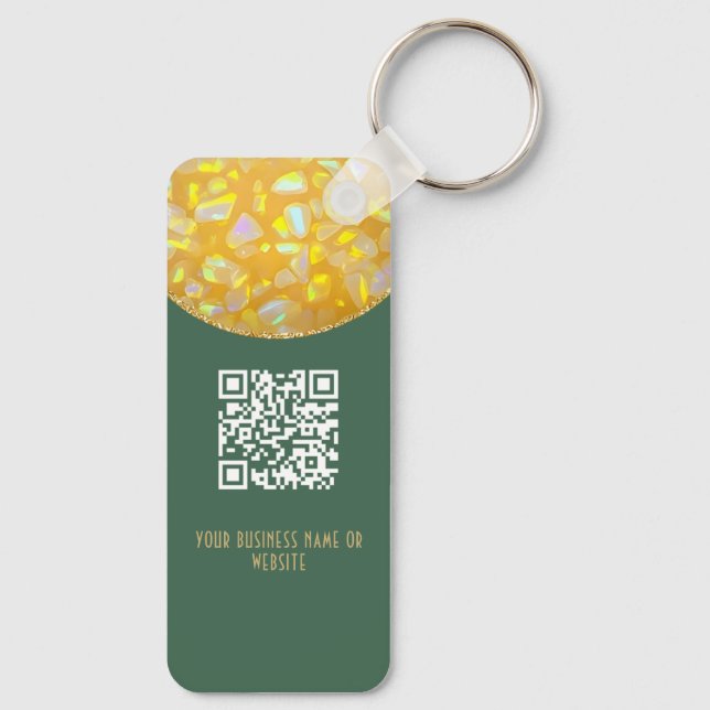 Green | Elegant Faux Glitter QR Code Business Keyc Key Ring (Back)