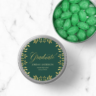 Green Elegant Faux Gold Leaves Graduate Classic Round Sticker