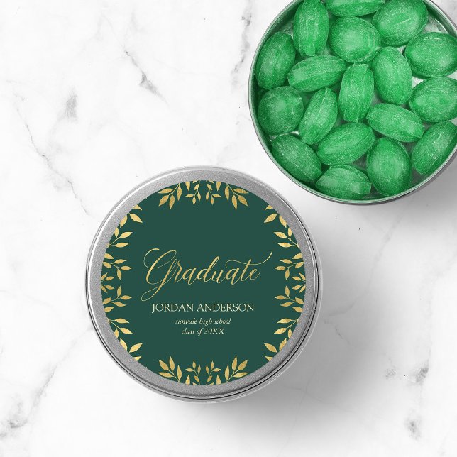 Green Elegant Faux Gold Leaves Graduate Classic Round Sticker (Creator Uploaded)