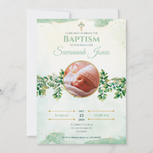 Green Elegant Floral Custom Photo Baptism Invitation