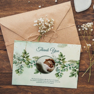 Green Elegant Floral Photo Baptism Thank You Card