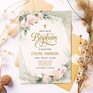 Green Elegant Floral Vintage Watercolor Baptism  Invitation