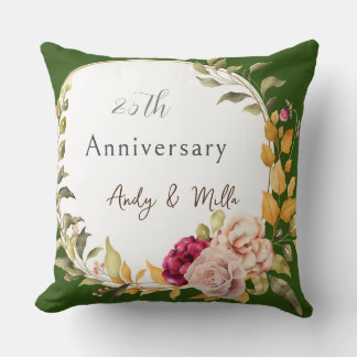 Green Elegant Floral Wreath 25th Wedding Cushion