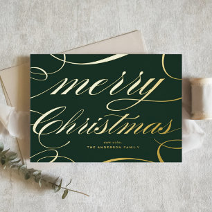 Green Elegant Flourish Script Merry Christmas Foil Holiday Card
