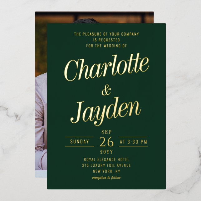 Green Elegant Foil Script Photo Wedding (Front/Back)