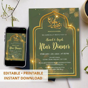 Green Elegant Gold Arch Ramadan Iftar Dinner Invitation