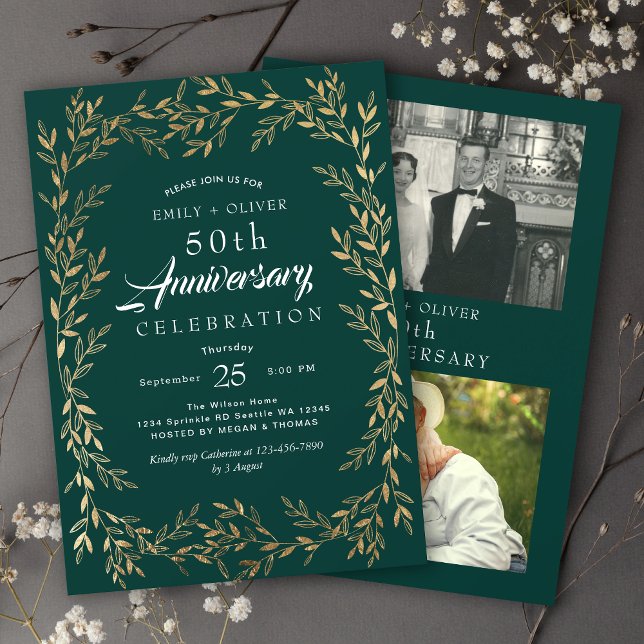 Green Elegant Gold Leaf Anniversary Photo Invitation (Creator Uploaded)
