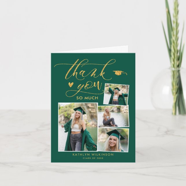 Green Elegant Gold Script 4 Photo Graduation Thank You Card (Front)