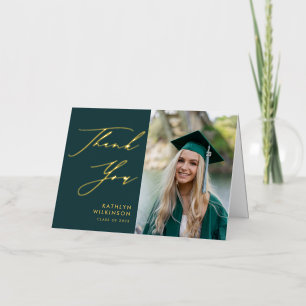 Green Elegant Gold Script Graduation Thank You Foil Greeting Card
