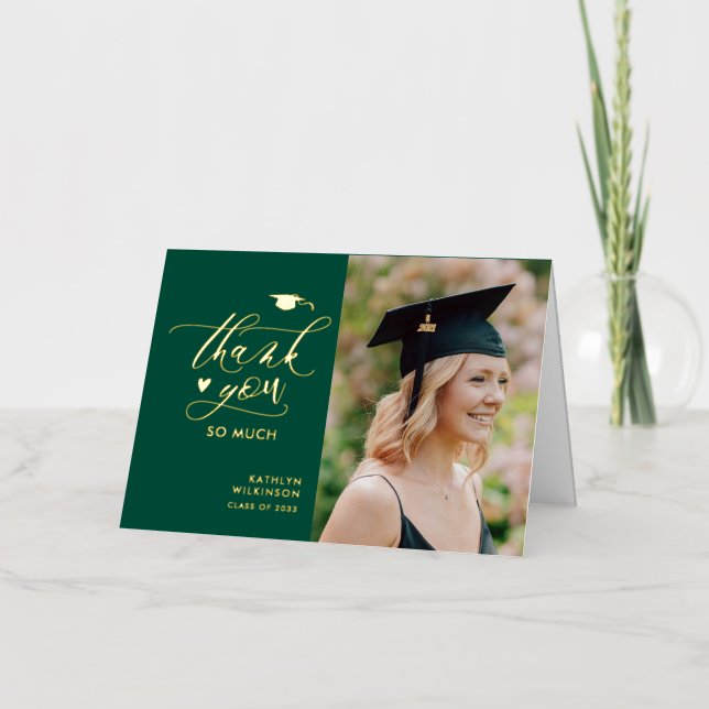 Green Elegant Gold Script Graduation Thank You Foil Greeting Card (Front)