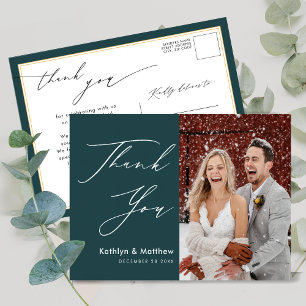 Green Elegant Gold Script Modern Wedding Thank You Postcard