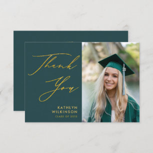 Green Elegant Gold Script Simple Photo Graduation Thank You Card