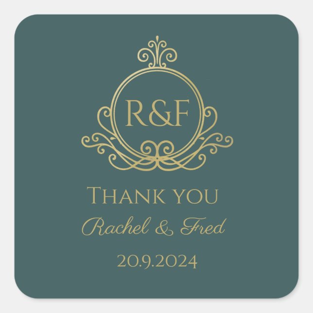 Green Elegant Golden Calligraphy Wedding Thank you Square Sticker (Front)