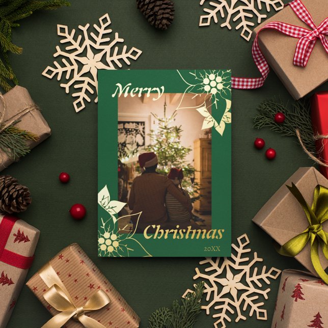 Green Elegant Merry Christmas Portrait Photo Foil Holiday Card (Creator Uploaded)