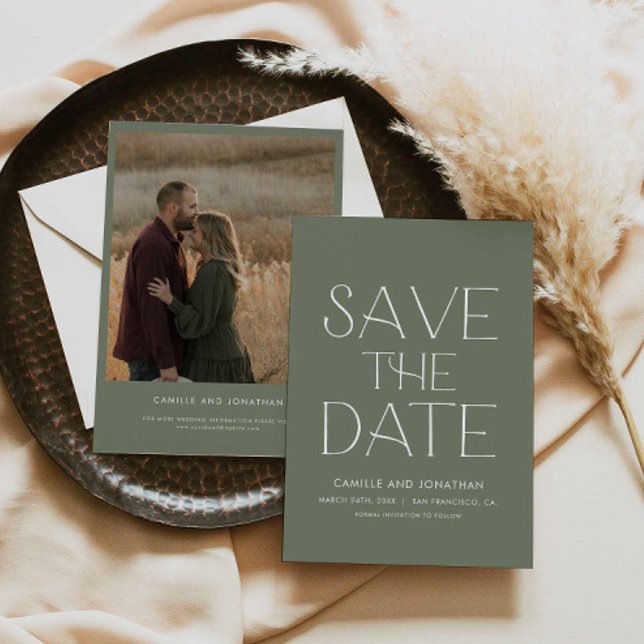 Green Elegant Minimal Photo Save the Date (Green Modern Save the Date Photo Card)
