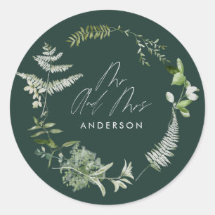 Green elegant modern botanical script wedding classic round sticker