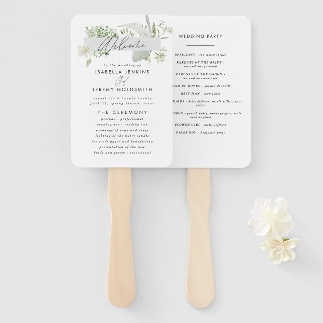 Green elegant modern botanical script wedding hand fan (Front and Back)