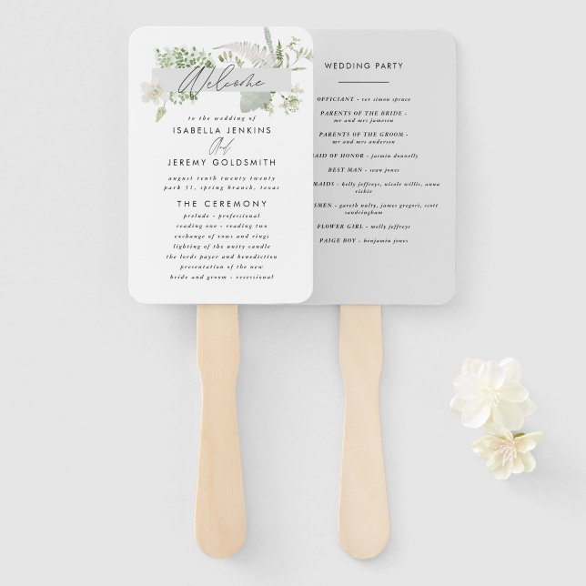 Green elegant modern botanical script wedding hand hand fan (Front and Back)