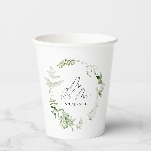 Green elegant modern botanical script wedding pape paper cups (Front)
