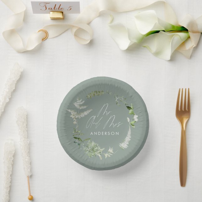 Green elegant modern botanical script wedding pape paper plate (Wedding)