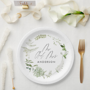 Green elegant modern botanical script wedding paper plate