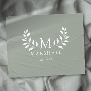 Green Elegant Modern Floral Monogram Family Name Fleece Blanket