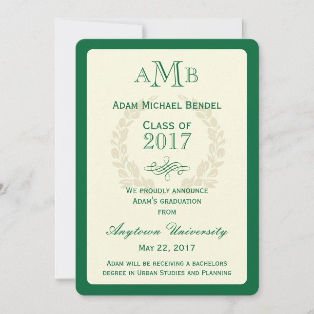 Green Elegant Monogram Graduation Announcement (Front)
