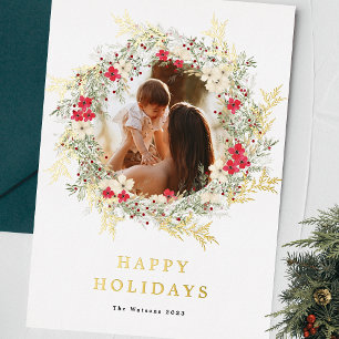 green elegant one photo merry christmas gold foil holiday card