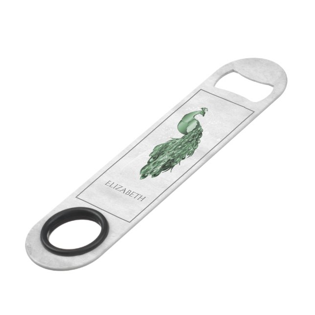 Green Elegant Peacock Personalised Bar Key (Front Angled)