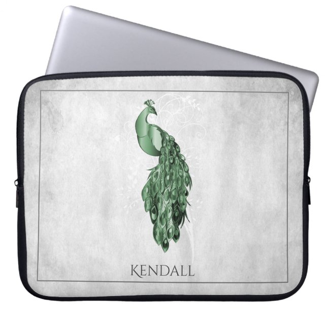Green Elegant Peacock Personalised Laptop Sleeve (Front)