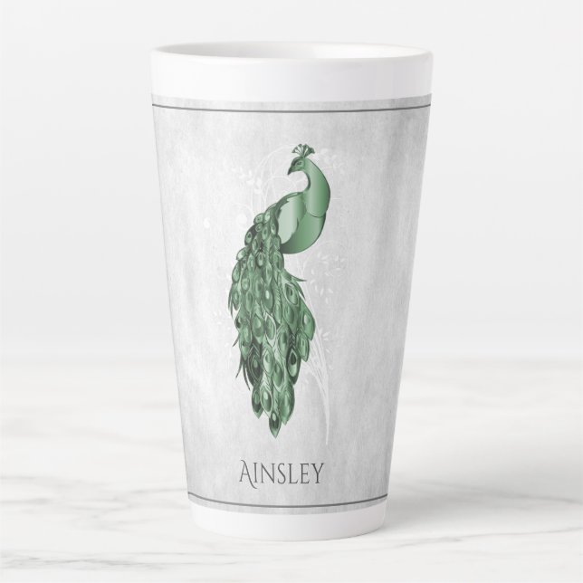 Green Elegant Peacock Personalised Latte Mug (Front)