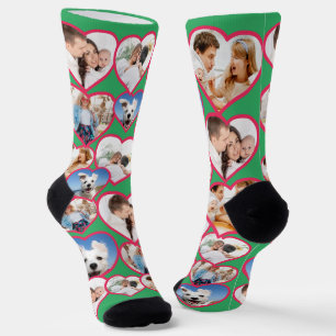 Green Elegant Red Heart Pattern 5 Photo Collage Socks