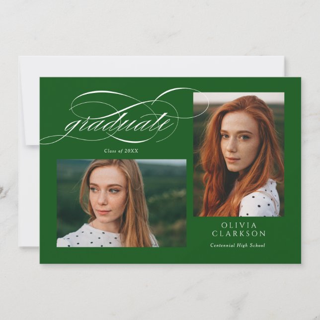 Green Elegant Script 3 Photo Graduation Party Invitation (Front)