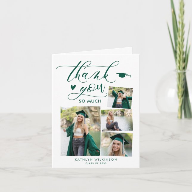 Green Elegant Script 4 Photo Collage Graduation Thank You Card (Front)