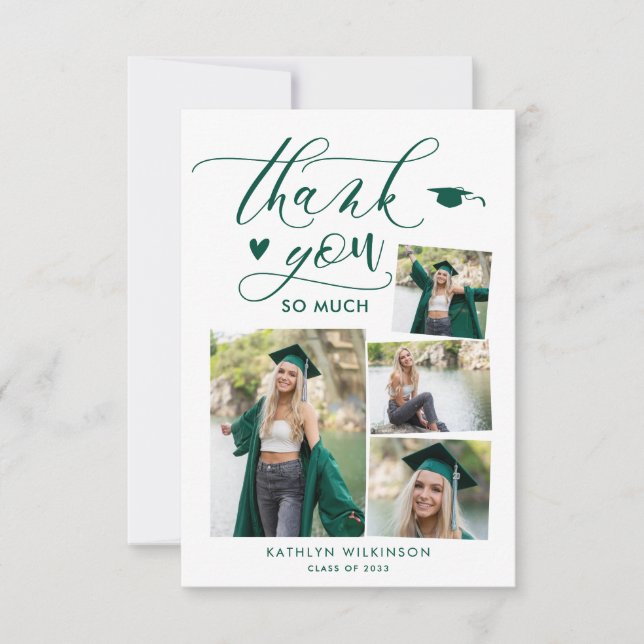 Green Elegant Script 4 Photo Graduation Thank You Invitation (Front)