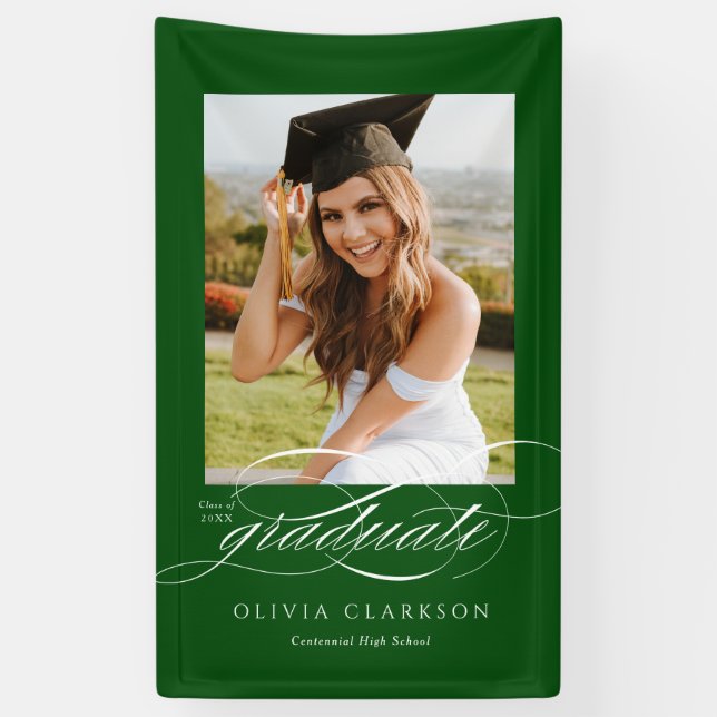 Green Elegant Script Graduation Photo Party Banner (Vertical)
