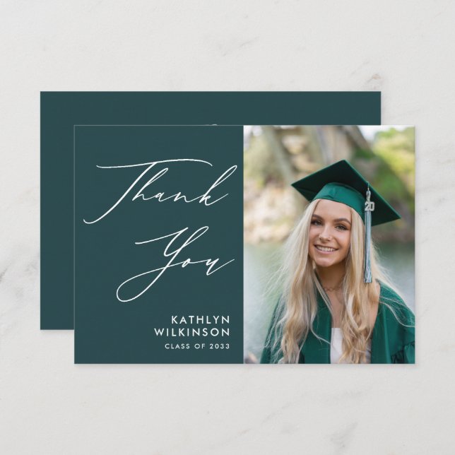 Green Elegant Script Minimalist Photo Graduation Thank You Card (Front/Back)