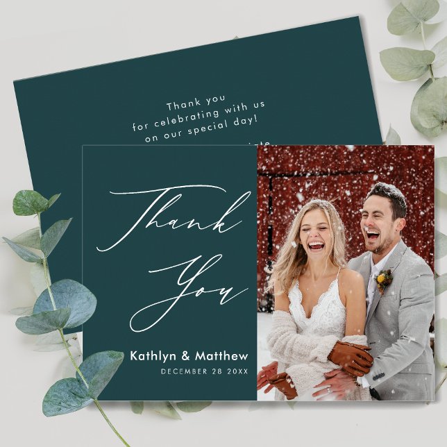 Green Elegant Script Modern Photo Simple Wedding Thank You Card (Creator Uploaded)