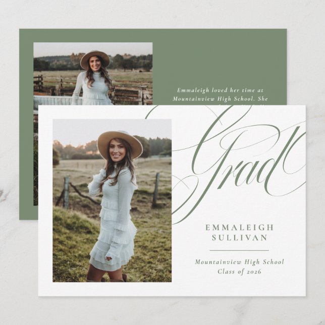 Green Elegant Script Photo Graduation Announcement (Front/Back)