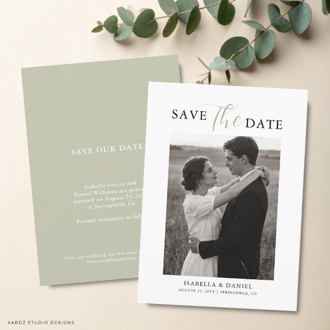 Green Elegant Simple Text Photo Wedding Save The Date (The front and back are shown in a 4.5 x 6.25-inch. Choose size, paper, + corner style.)