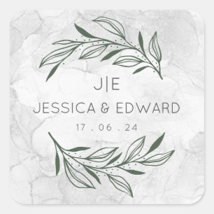 Green Elegant Wedding Watercolor Floral Couple Square Sticker