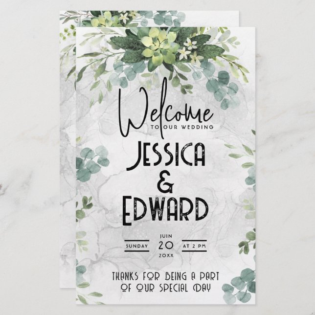 Green Elegant Wedding Watercolor Floral Minimal (Front/Back)