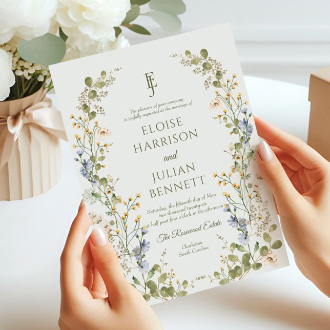 Green Elegant Wildflower Pastel Wedding  Invitation (Creator Uploaded)