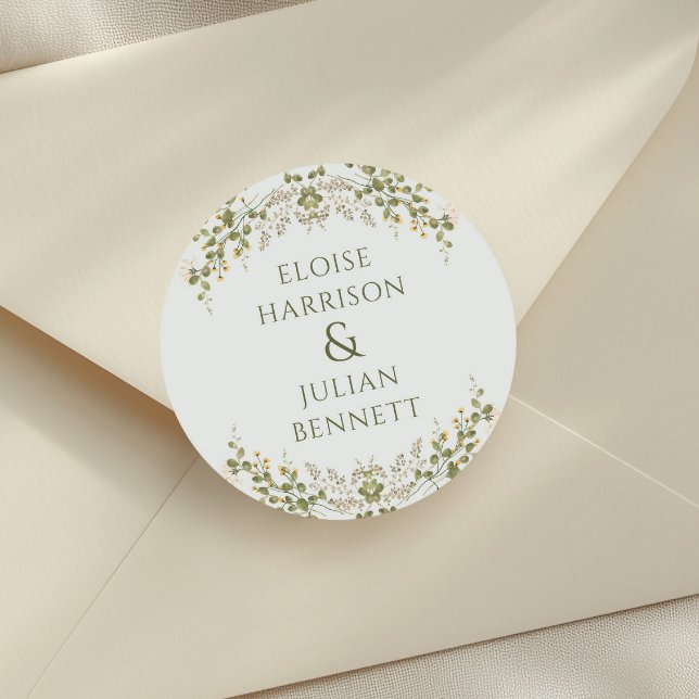 Green Elegant Wildflower Wedding  Classic Round Sticker (Creator Uploaded)