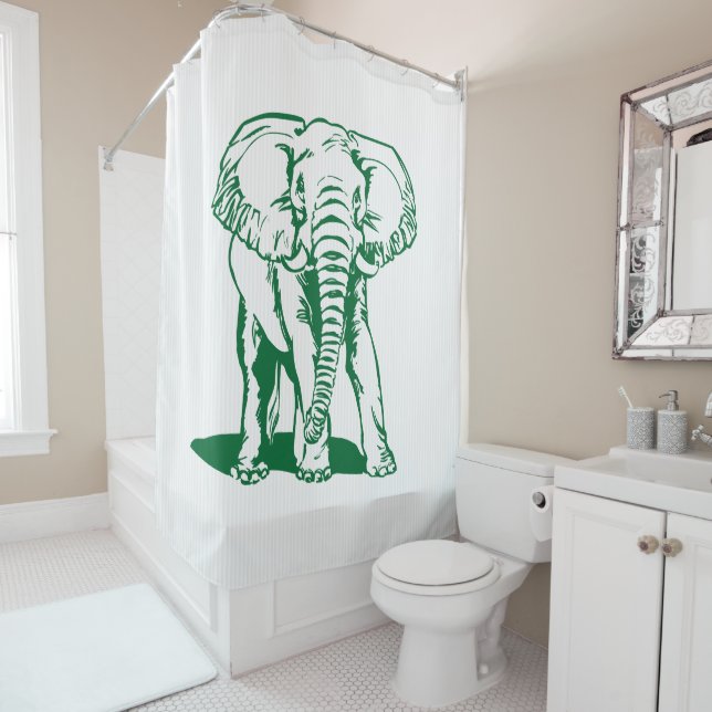 Green Elephant And White Stripes Shower Curtain (In Situ)