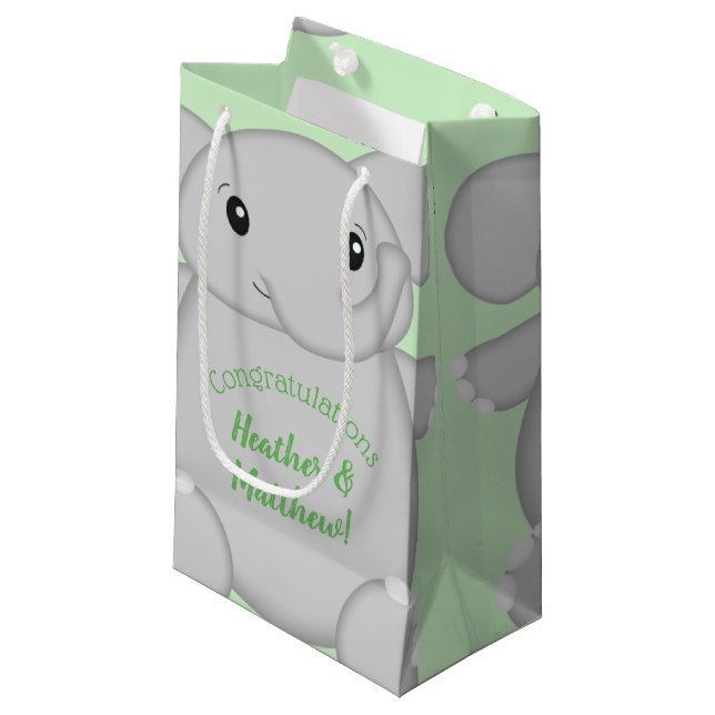 Green Elephant Baby Shower Small Gift Bag (Front Angled)